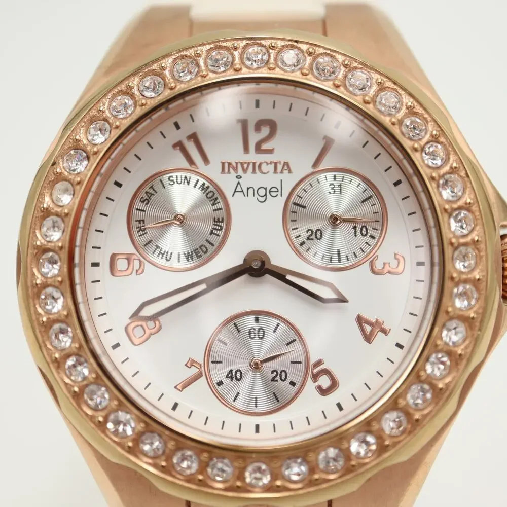 Invicta Angel Rose Gold Tone White 38mm Watch Calendar Silicone w New Battery